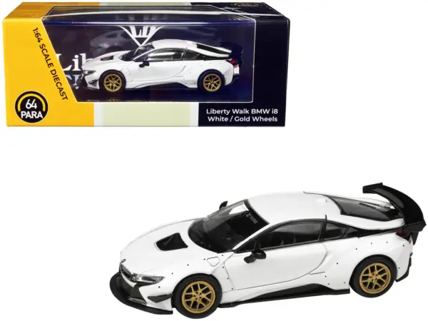 BMW i8 Liberty Walk White with Gold Wheels 1/64 Diecast Model Car by Paragon Models #1