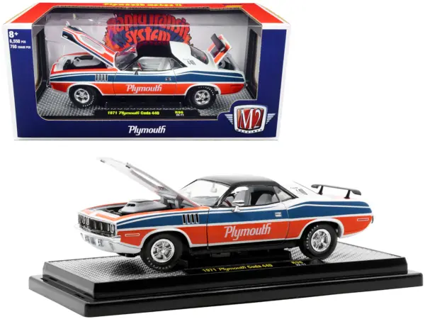 1971 Plymouth Barracuda 440 Pearl White with Blue and Red Stripes and Black Top Limited Edition to 6550 pieces Worldwide 1/24 Diecast Model Car by M2 Machines #1