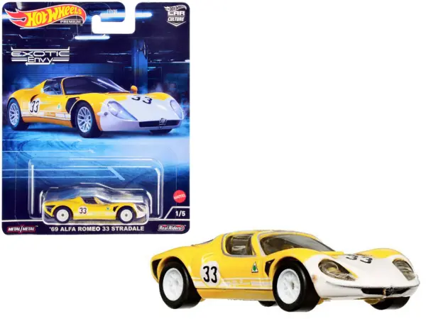 1969 Alfa Romeo 33 Stradale #33 Yellow and White "Exotic Envy" Series Diecast Model Car by Hot Wheels #1