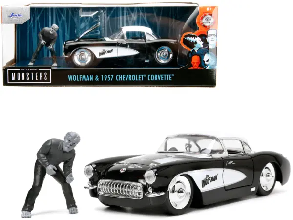 1957 Chevrolet Corvette Black with White Top and Wolfman Diecast Figure "Universal Monsters" "Hollywood Rides" Series 1/24 Diecast Model Car by Jada #1
