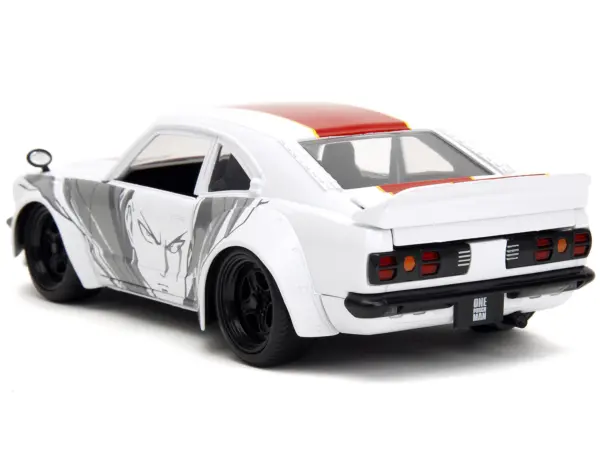 1974 Mazda RX-3 White with Red Stripe and Graphics and Saitama Diecast Figure "One Punch Man" (2015-2019) TV Series 1/24 Diecast Model Car by Jada #3