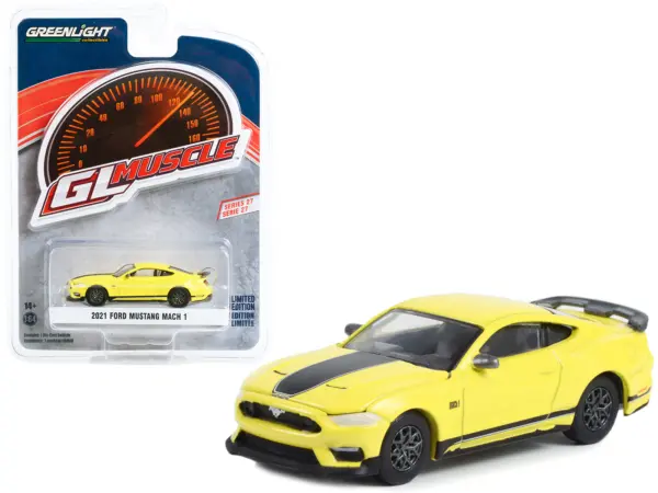 2021 Ford Mustang Mach 1 Grabber Yellow with Black Stripes "Greenlight Muscle" Series 27 1/64 Diecast Model Car by Greenlight #1