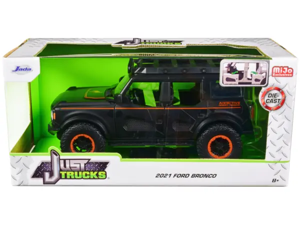 2021 Ford Bronco Matt Black with Orange Stripes and Roof Rack "Addictive Desert Designs" "Just Trucks" Series 1/24 Diecast Model Car by Jada #1