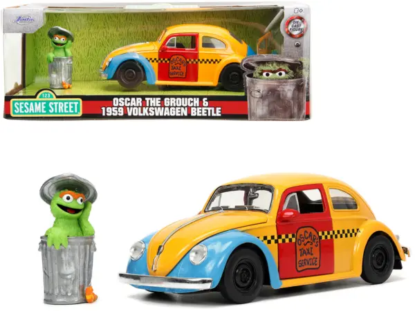 1959 Volkswagen Beetle Taxi Yellow and Blue "Oscar's Taxi Service" and Oscar the Grouch Diecast Figure "Sesame Street" "Hollywood Rides" Series 1/24 Diecast Model Car by Jada #1