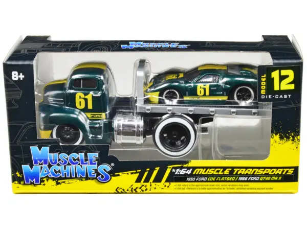 1950 Ford COE Flatbed Truck #61 and 1966 Ford GT40 MK II #61 Green Metallic with Yellow Stripes "Muscle Transports" Series 1/64 Diecast Model Cars by Muscle Machines #1