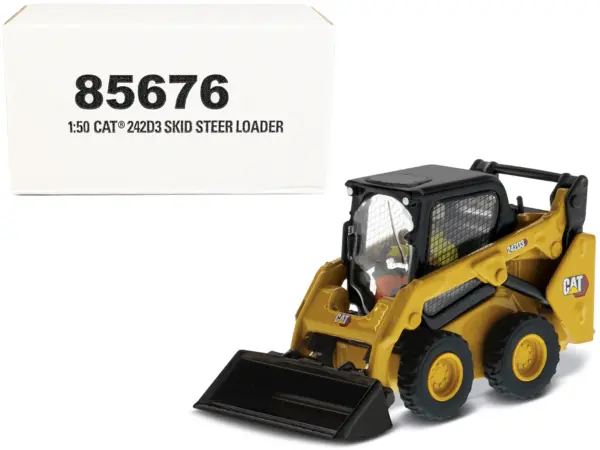 CAT Caterpillar 242D3 Wheeled Skid Steer Loader with Work Tools and Operator Yellow "High Line Series" 1/50 Diecast Model by Diecast Masters #1