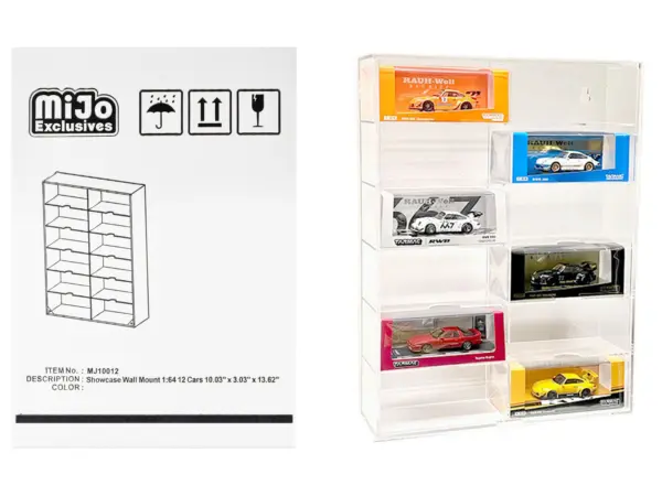 Showcase 12 Car Display Case Wall Mount with Clear Back Panel and Extra Space "Mijo Exclusives" for 1/64 Scale Models #1