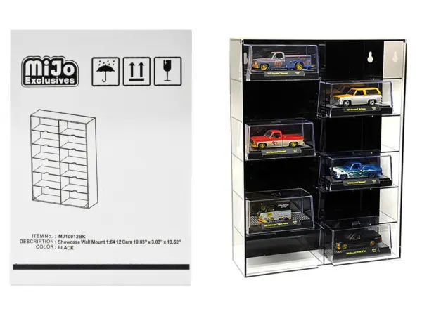 Showcase 12 Car Display Case Wall Mount with Black Back Panel and Extra Space "Mijo Exclusives" for 1/64 Scale Models #1