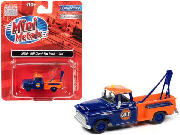 1957 Chevrolet Stepside Tow Truck "Gulf" Blue and Orange 1/87 (HO) Scale Model Car by Classic Metal Works #1