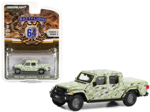 2022 Jeep Gladiator Pickup Truck "U.S. Army" Military-Spec Camouflage "Battalion 64" Series 3 1/64 Diecast Model Car by Greenlight #1