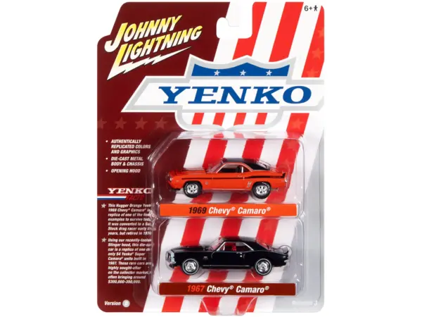 1969 Chevrolet Camaro Hugger Orange with Black Top and Stripes and 1967 Chevrolet Camaro Black with White Stripe and Red Interior "Yenko" Series Set of 2 Cars 1/64 Diecast Model Cars by Johnny Lightning #3