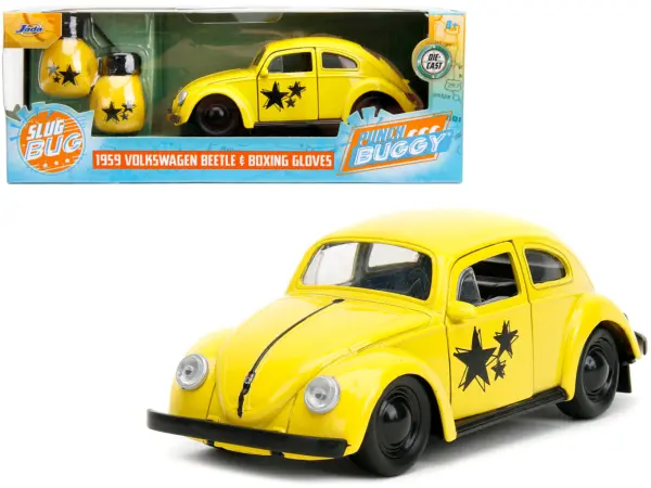 1959 Volkswagen Beetle Yellow with Black Graphics and Boxing Gloves Accessory "Punch Buggy" Series 1/32 Diecast Model Car by Jada #1