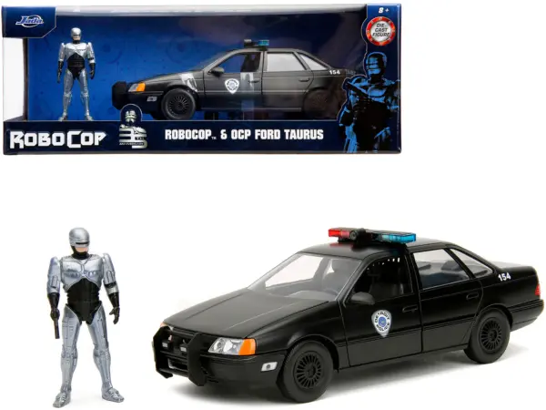 Ford Taurus OCP Matt Black "Detroit Police" and Robocop Diecast Figure 35th Anniversary "Robocop" (1987) Movie "Hollywood Rides" Series 1/24 Diecast Model Car by Jada #1