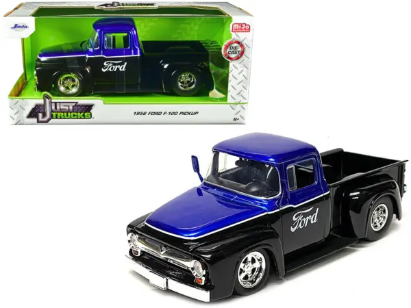 1956 Ford F-100 Pickup Truck Black and Blue Metallic with Ford Graphics "Just Trucks" Series 1/24 Diecast Model Car by Jada #1
