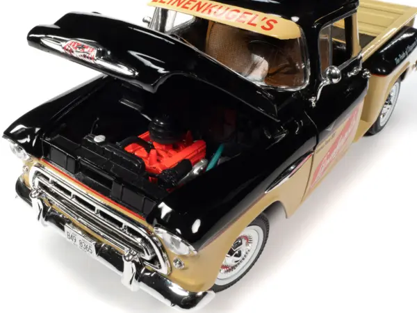 1957 Chevrolet 3100 Stepside Pickup Truck Black and Tan with Graphics "Leinenkugle's Beer The Pride of Chippewa Falls" 1/18 Diecast Model by Auto World #3