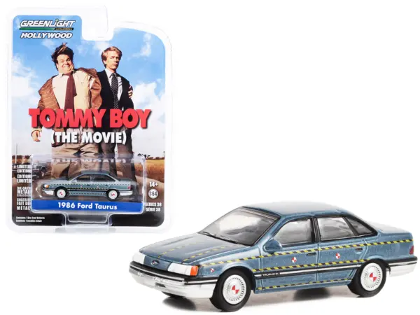 1986 Ford Taurus Blue Metallic "Zalinsky Auto Parts" Crash Test Vehicle "Tommy Boy" (1995) Movie "Hollywood Series" Release 38 1/64 Diecast Model Car by Greenlight #1