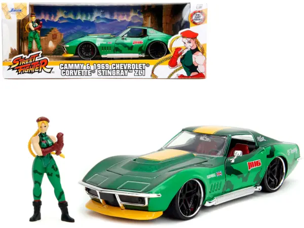 1969 Chevrolet Corvette Stingray ZL1 Green Metallic with Yellow Stripes and Cammy Diecast Figure "Street Fighter" Video Game "Anime Hollywood Rides" Series 1/24 Diecast Model Car by Jada #1