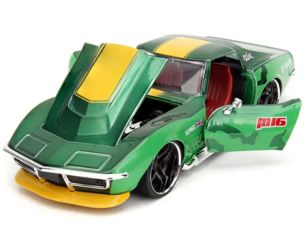 1969 Chevrolet Corvette Stingray ZL1 Green Metallic with Yellow Stripes and Cammy Diecast Figure "Street Fighter" Video Game "Anime Hollywood Rides" Series 1/24 Diecast Model Car by Jada #2