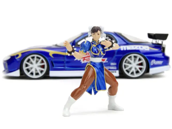 1993 Mazda RX-7 Candy Blue Metallic with Graphics and Chun-Li Diecast Figure "Street Fighter" Video Game "Anime Hollywood Rides" Series 1/24 Diecast Model Car by Jada #5