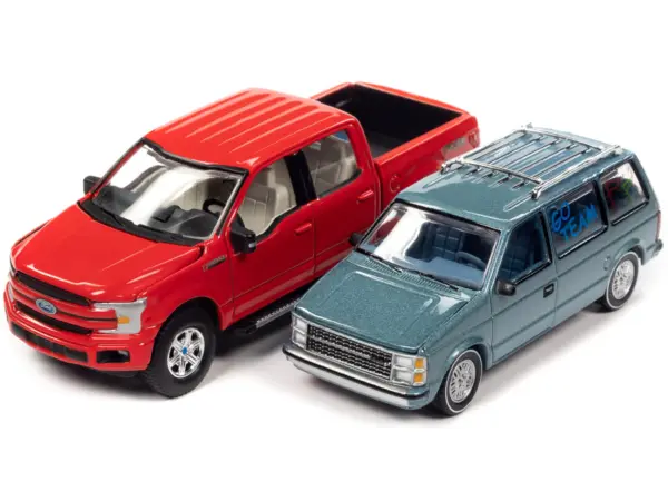 2018 Ford F-150 Pickup Truck Red and 1984 Dodge Caravan Minivan Blue Metallic "World's Best Mom and Dad" Set of 2 Pieces 1/64 Diecast Model Cars by Auto World #2