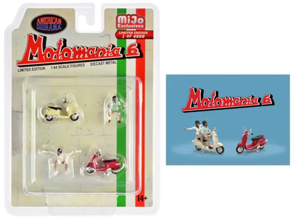 "Motomania 6" 4 piece Diecast Figure Set (2 Figures 2 Scooters) Limited Edition to 4800 pieces Worldwide 1/64 Scale Models by American Diorama #1
