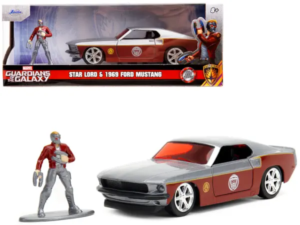 1969 Ford Mustang Silver Metallic and Dark Red and Star Lord Diecast Figure "Marvel Guardians of the Galaxy" "Hollywood Rides" Series 1/32 Diecast Model Car by Jada #1