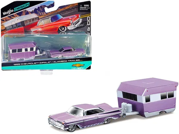 1959 Chevrolet Impala Purple Metallic with White Graphics and Alameda Trailer Purple Metallic and White "Tow & Go" Series 1/64 Diecast Model Car by Maisto #1