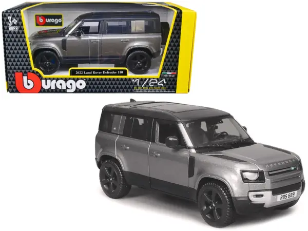 2022 Land Rover Defender 110 Dark Silver Metallic with Black Top and Sunroof 1/24 Diecast Model Car by Bburago #1