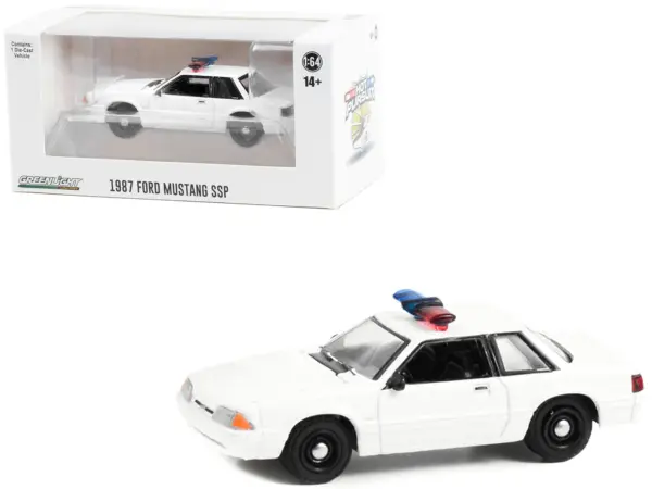 1987-1993 Ford Mustang SSP White Police Car with Light Bar "Hot Pursuit" "Hobby Exclusive" Series 1/64 Diecast Model Car by Greenlight #1