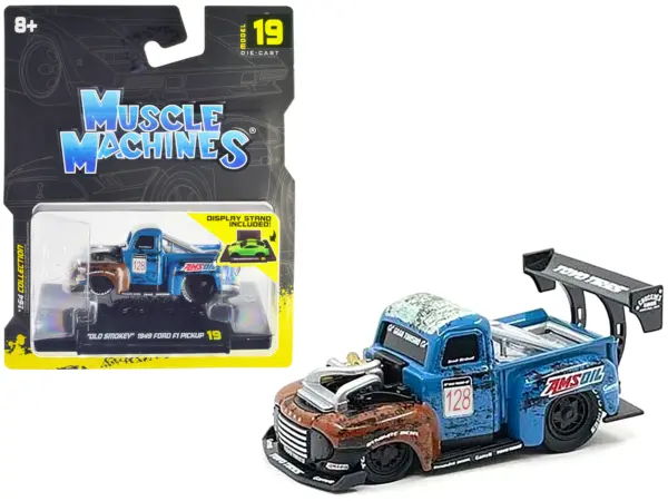 1949 Ford F1 Pickup Truck #128 "Old Smokey" Blue and Brown (Weathered) 1/64 Diecast Model Car by Muscle Machines #1