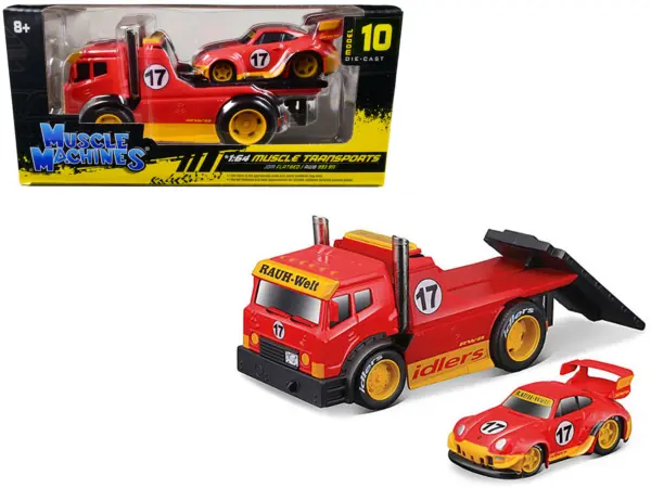JDM Flatbed Truck #17 Red "RAUH-Welt BEGRIFF" and Porsche RWB 911 993 #17 Red "Muscle Transports" Series 1/64 Diecast Model Cars by Muscle Machines #1