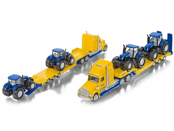 Tractor Truck Yellow with 2 New Holland T7070 Tractors Blue 1/87 (HO) Diecast Models by Siku #3