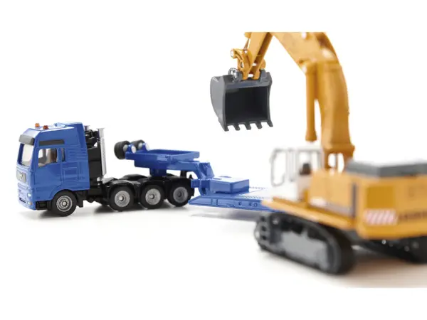 Heavy Haulage Flatbed Transporter Blue and Liebherr 974 Litronic Excavator Yellow 1/87 (HO) Diecast Models by Siku #3