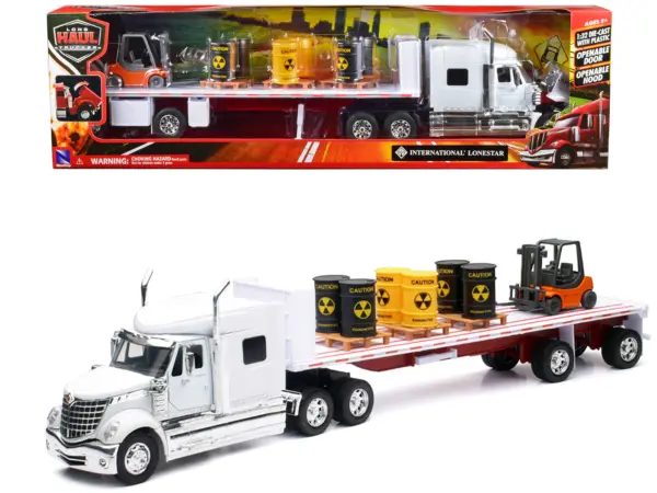 International Lonestar Flatbed Truck White with 6 Toxic Barrels 3 Pallets and Forklift "Long Haul Trucker" Series 1/32 Diecast Model by New Ray #1