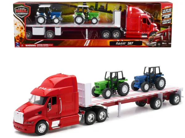 Peterbilt 387 Flatbed Truck Red with 2 Farm Tractors Blue and Green "Long Haul Trucker" Series 1/32 Diecast Model by New Ray #1