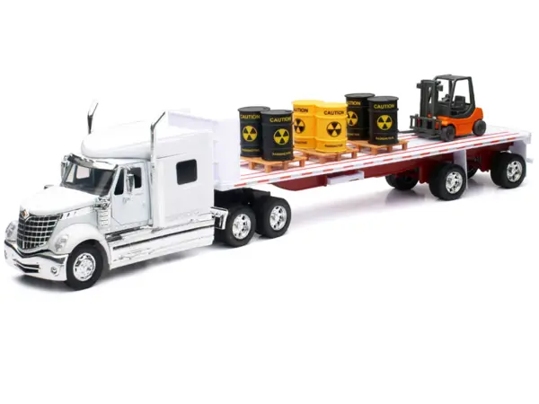 International Lonestar Flatbed Truck White with 6 Toxic Barrels 3 Pallets and Forklift "Long Haul Trucker" Series 1/32 Diecast Model by New Ray #2