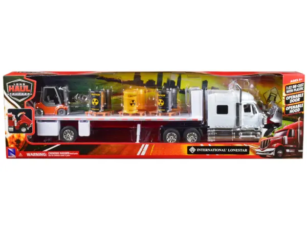 International Lonestar Flatbed Truck White with 6 Toxic Barrels 3 Pallets and Forklift "Long Haul Trucker" Series 1/32 Diecast Model by New Ray #3