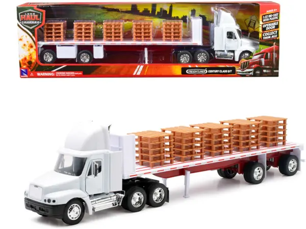 Freightliner Century Class S/T Flatbed Truck White with Pallet Accessories "Long Haul Trucker" Series 1/32 Diecast Model by New Ray #1