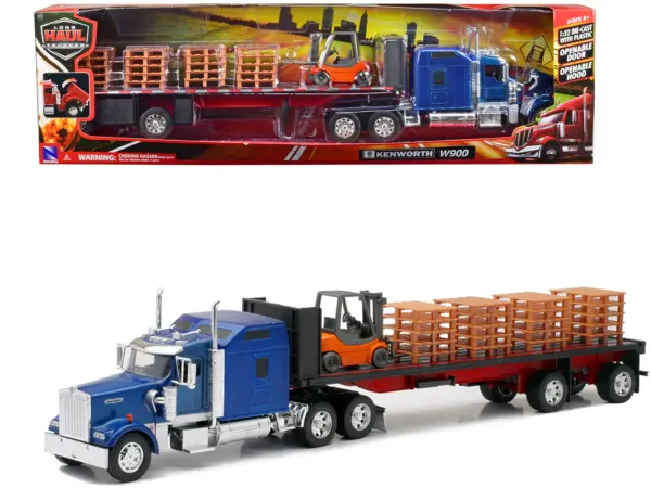 Kenworth W900 Truck with Flatbed Trailer Blue with Forklift and Pallets "Long Haul Truckers" Series 1/32 Diecast Model by New Ray #1