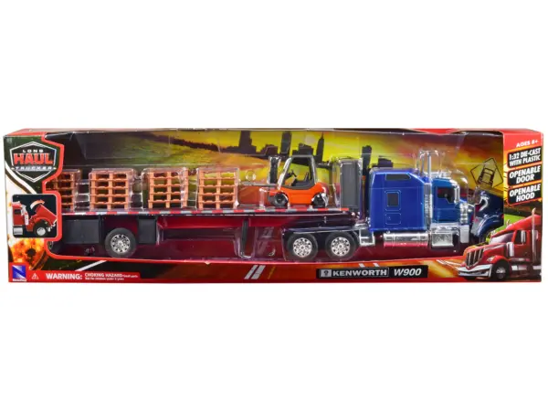 Kenworth W900 Truck with Flatbed Trailer Blue with Forklift and Pallets "Long Haul Truckers" Series 1/32 Diecast Model by New Ray #3