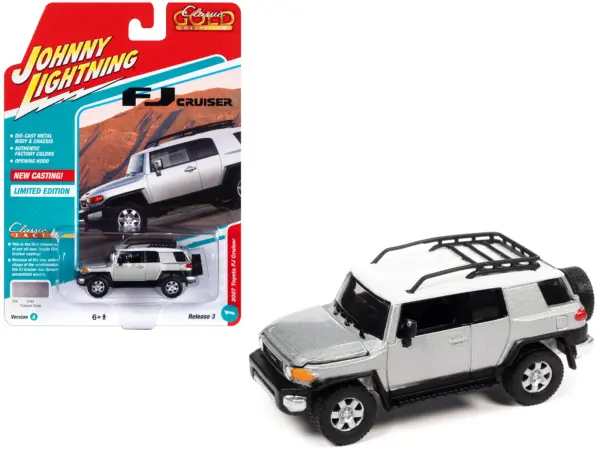 2007 Toyota FJ Cruiser Titanium Silver Metallic with White Top and Roofrack "Classic Gold Collection" Series Limited Edition 1/64 Diecast Model Car by Johnny Lightning #1