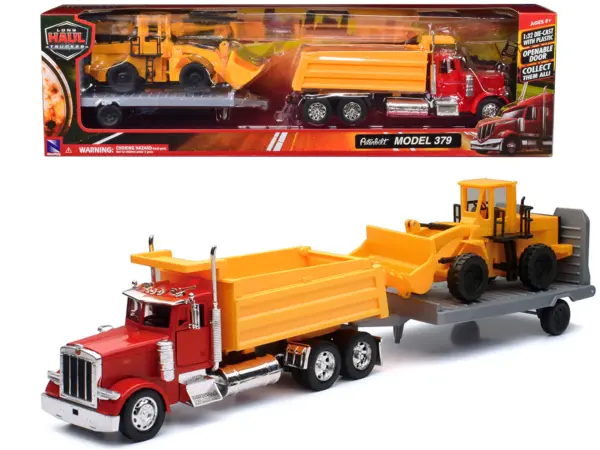 Peterbilt 379 Dump Truck Red and Wheel Loader Yellow with Flatbed Trailer "Long Haul Truckers" Series 1/32 Diecast Model by New Ray #1