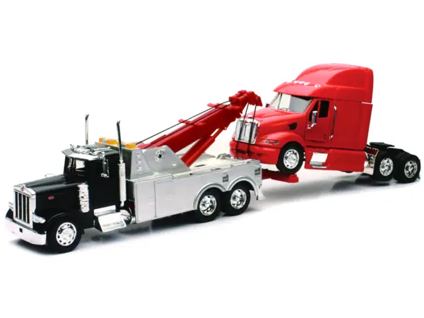Peterbilt 379 Tow Truck Black with Peterbilt 387 Truck Tractor Red Set of 2 pieces 1/32 Diecast Model by New Ray #2