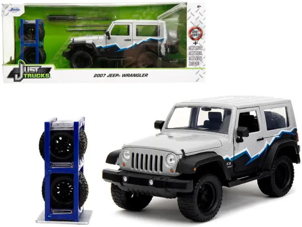 2007 Jeep Wrangler Gray and Black with Blue and White Stripes with Extra Wheels "Just Trucks" Series 1/24 Diecast Model Car by Jada #1