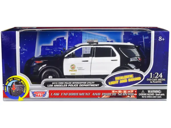 2015 Ford Police Interceptor Utility Black and White "Los Angeles Police Department (LAPD)" with Flashing Light Bar and Front and Rear Lights and Sounds 1/24 Diecast Model Car by Motormax #3