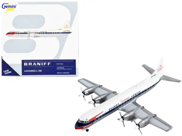 Lockheed L-188 Electra Commercial Aircraft "Braniff International Airways" White with Blue Stripes 1/400 Diecast Model Airplane by GeminiJets #1