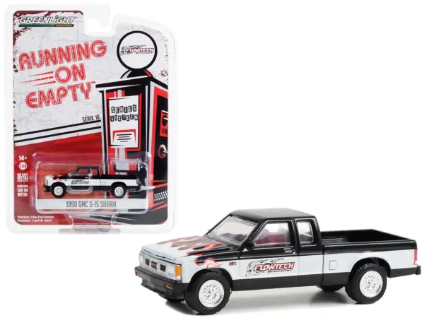 1990 GMC S-15 Sierra Pickup Truck Black and White with Flames "Flowtech Exhaust" "Running on Empty" Series 16 1/64 Diecast Model Car by Greenlight #1
