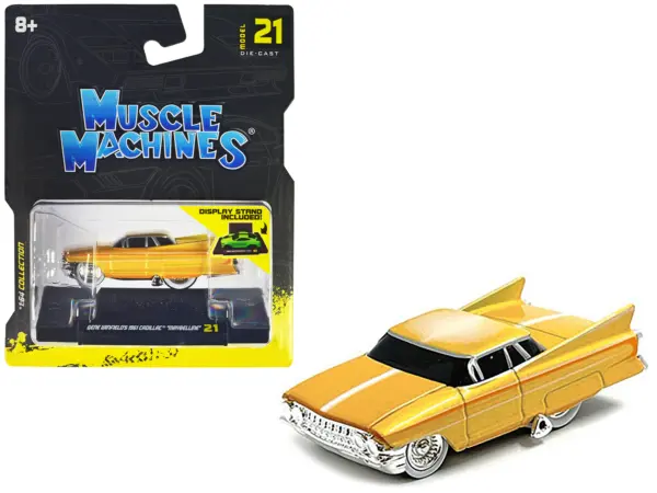 Gene Winfield’s 1961 Cadillac Maybelline Yellow Metallic with White Stripes 1/64 Diecast Model Car by Muscle Machines #1