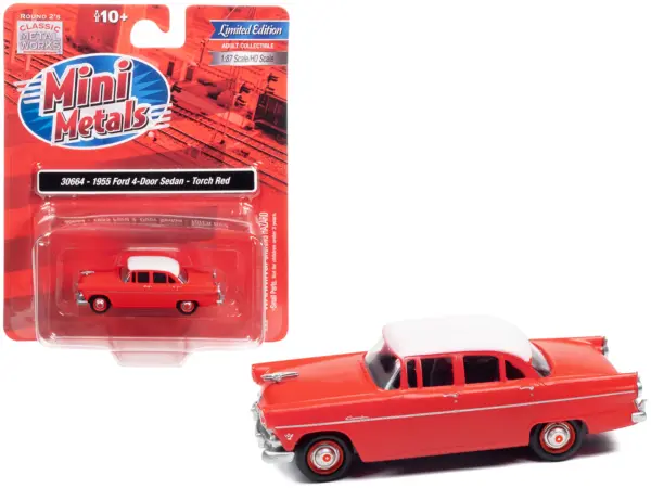 1955 Ford 4-Door Sedan Torch Red with White Top 1/87 (HO) Scale Model Car by Classic Metal Works #1