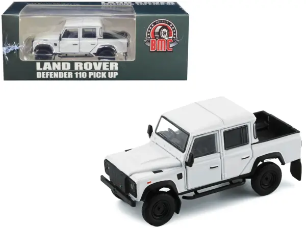 Land Rover Defender 110 Pickup Truck White with Extra Wheels 1/64 Diecast Model Car by BM Creations #1